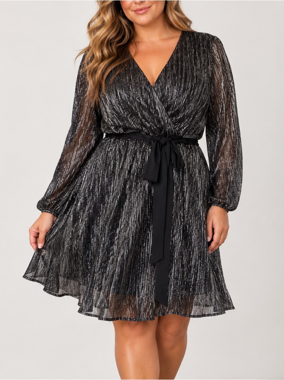 Alexa B Nites Plus Size Metallic Wrap Party Dress Black Silver 16W